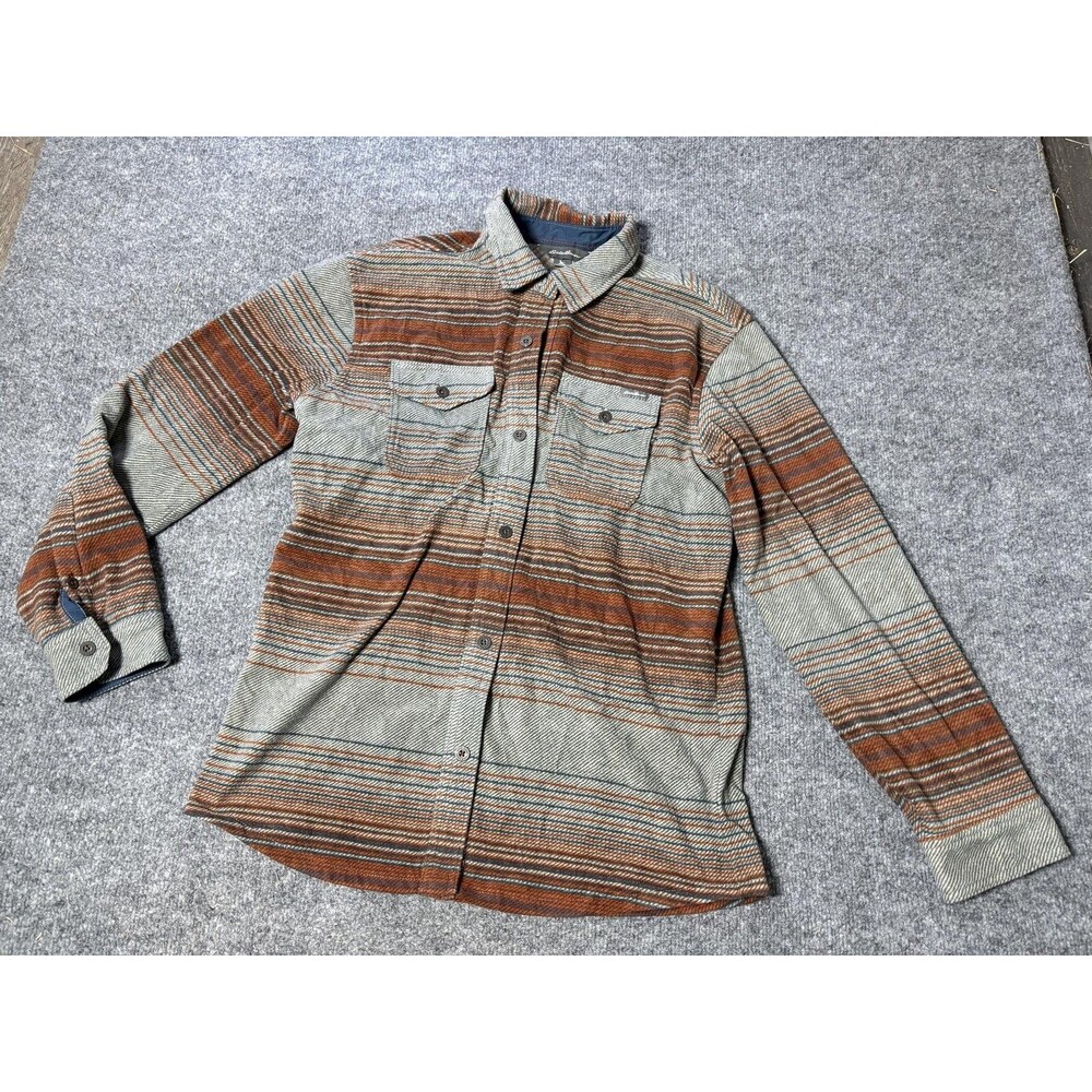 Eddie Bauer Shirt Mens M Blue Orange Stripe Fleece Button-Up Pockets Casual